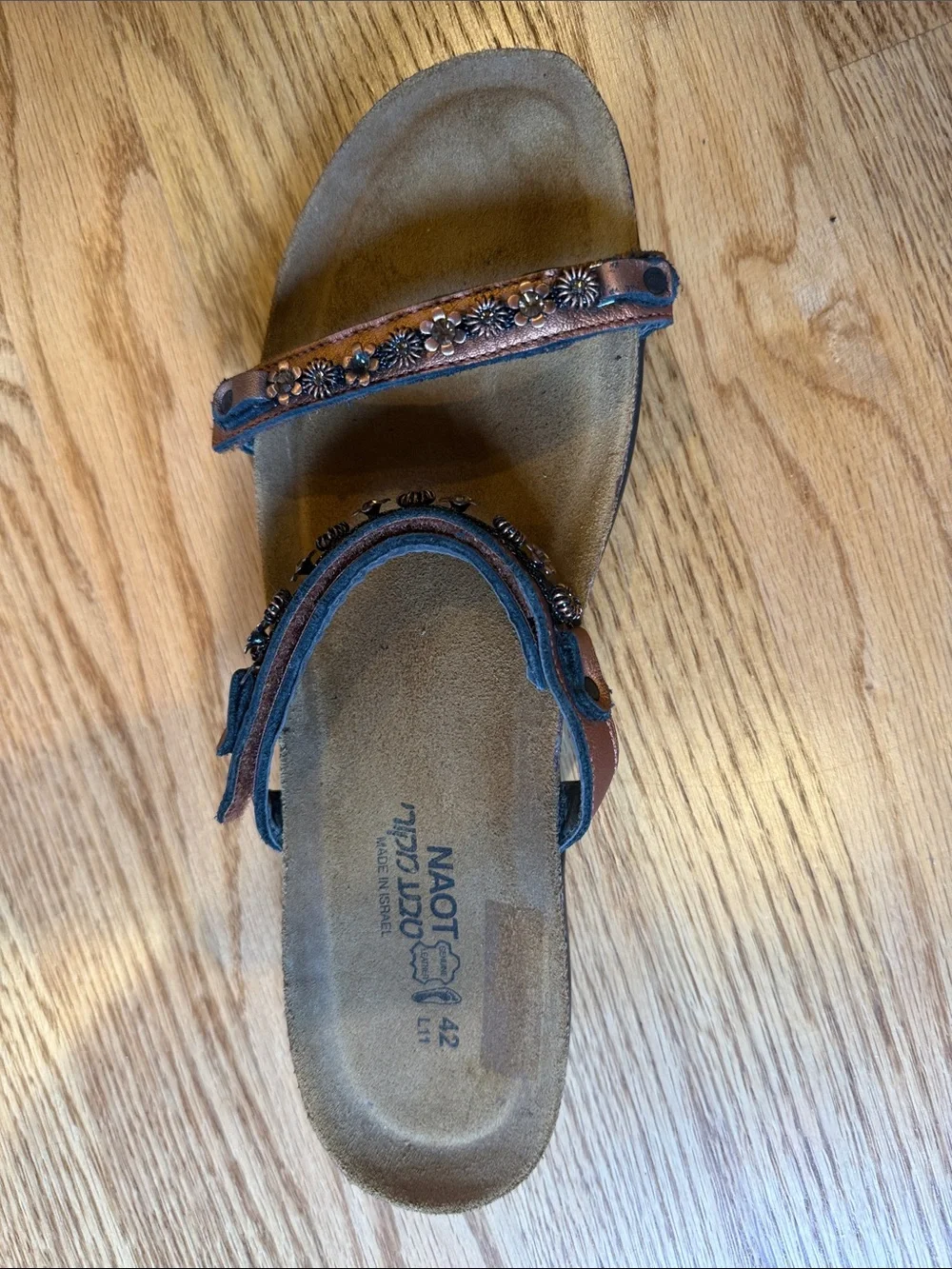 Naot Copper Brown Floral-Stud Double-Strap Slide Sandals